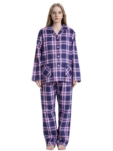 Ensemble de pyjama en flanelle confortable pour femmes, manches longues, col à revers, motif à carreaux, haut boutonné tissé et pantalon long, décontracté, automne/hiver - Product Image 2