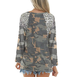 Women's Camouflage <b>Patchwork</b> V-Neck Long Sleeve T-Shirt Loose Fit Casual <b>Top</b> Spring Summer Wear - Product Image 2
