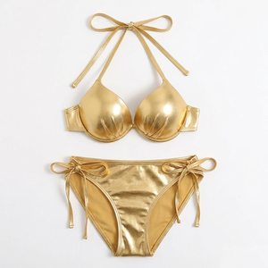 Women's Solid Color Bikini Set <b>Crossed</b> Halter Push Up <b>Top</b> Tie Side Bottoms Stretch Fabric Swimwear - Product Image 3
