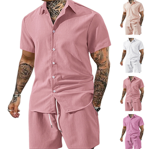 Ensemble décontracté rose pour homme, tenue d'été décontractée, coton tissé respirant, costume deux pièces - Product Image 5