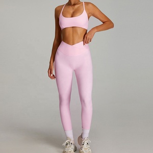 Custom Pink 2 Piece Yoga Set Seamless <b>Crop</b> <b>Top</b> High Waist Full Length Pants Spaghetti Strap Solid Color Sportwear - Product Image 3