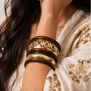 Rizir Fashion Handmade Geometric Christian Wooden <b>Bangles</b> Zinc Alloy Inlay Carved Stackable 14K <b>Gold</b> Plated Women's Wholesale - Product Image 1
