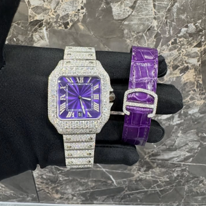 Reloj Moissanite Incoloro Totalmente Cubierto de Diamantes, Esfera Morada con Números Romanos, Reloj Automático para Hombre, Reloj Mecánico Personalizado para Él - Product Image 1