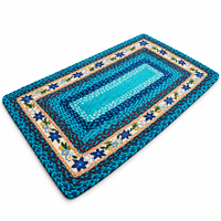 Tapis rectangulaire personnalisable 100 % jute écologique 3x5 pieds bleu turquoise, tissage plat à carreaux, bordure florale