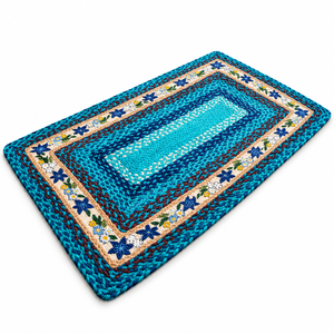 Tapis rectangulaire personnalisable 100 % jute écologique 3x5 pieds bleu turquoise, tissage plat à carreaux, bordure florale - Product Image 1