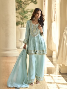Dhwaja Export <b>Sky</b> Blue Silk Readymade Suit with Real <b>Mirror</b> Hand Work - Product Image 1