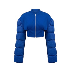 Blue Quilted Jacket With Puff Sleeves Stand Collar Zipper Closure Short Length Winter Wear Full Sleeve Solid Color - Product Image 1