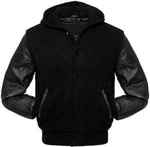 Chaqueta Varsity Negra con Capucha para Hombre, Mangas de Cuero PU, Cierre de un Solo Botón, Chaqueta Formal de Invierno, Resistente al Viento, de Nailon - Product Image 4