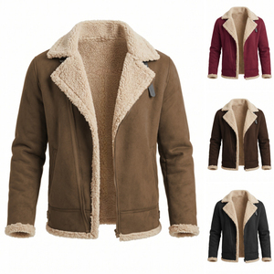 <b>Men's</b> <b>Black</b> Genuine Leather Shearling <b>Coat</b> Jacket Notched Collar Zipper Fleece Lined Winter <b>Coat</b> - Product Image 6