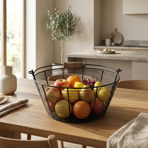 Grand panier à fruits en fil métallique noir avec poignée en bois, organisateur de rangement pour comptoir de cuisine, bol à fruits décoratif, décoration intérieure - Product Image 3