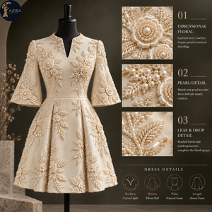 Tissu de robe brodé de perles d'ivoire avec des motifs floraux dimensionnels et des détails de perles en forme de feuilles |   Textile décoratif pour robes de mariée - Product Image 5