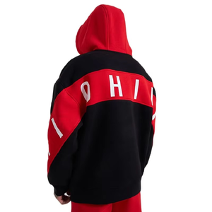 Sudadera con Capucha Oversize para Hombre, Diseño Color Block Negro y Rojo, Estilo Urbano, Algodón y Felpa, con Bolsillos, Estilo Otoñal - Product Image 2