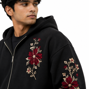 Custom Print Men's Black Floral Tracksuit Set 2PC Full <b>Zip</b> Hoodie Loose <b>Trousers</b> High Street Winter Wear Private Label Bulk - Product Image 3