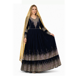 Vestido Tradicional Indio-Pakistaní para Mujer, Kurta hasta el Tobillo, Color Azul Marino, Seda, Bordado Dorado, Algodón, Vestido Afgano Kuchi - Product Image 3