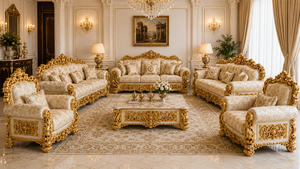 Bespoke French-Style Handcrafted Square Teak Wood <b>Sofa</b> Set with Hand Carved Design Gold Finish for Living Area - Product Image 3