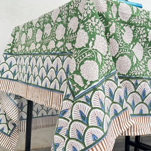 Handmade Cotton Floral <b>Tablecloth</b> Green White Printed Traditional Chinese Design Washable <b>Rectangle</b> Home Use - Product Image 4