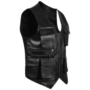 Men's Plus Size Moto Biker Vest V-Neck Solid Color Zipper Pocket Outerwear Regular Length Single Breasted Polyester - Product Image 6