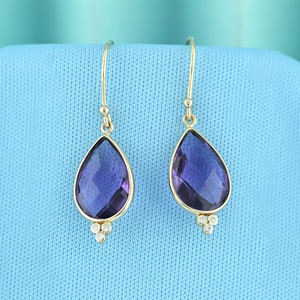 Nouvelles boucles d'oreilles en or jaune massif 18 carats avec améthyste véritable et diamants, forme goutte d'eau, longues, pour mariages - Product Image 4