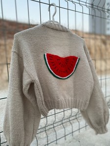 Women's <b>White</b> Hand <b>Knitted</b> <b>Cardigan</b> With Watermelon Appliques Puff Sleeve V Neck Crop Length Casual Sweater - Product Image 5