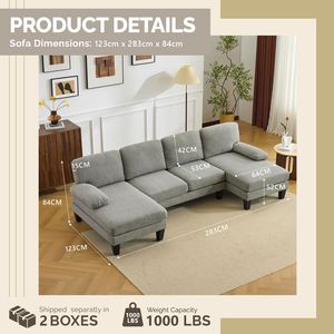 Divano Componibile a U Convertibile a 4 Posti con 2 Chaise Longue Corte Diritte, Tessuto Chenille, Gambe in Plastica 111 - Product Image 3