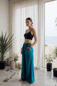 Women's Teal Wide Leg Pants High Waist Elastic Loose Fit Full Length Solid Color Bohemian Summer Style With Pockets - Product Image 4