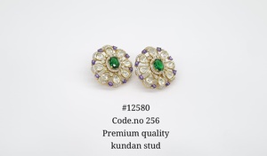 ต่างหูแบบติดหู 12580Kundan ดีไซน์ดอกไม้โบราณ ทำจากทองเหลือง ประดับพลอยสีเขียวชมพู สำหรับผู้หญิง - Product Image 2