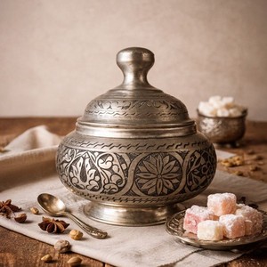 Pot à sucre en cuivre artisanal de haute qualité, design floral artistique, pot à bonbons décoratif sur piédestal, vaisselle de cuisine haut de gamme - Product Image 2