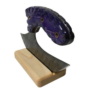 Couteaux Ulu en acier Damas faits à la main, avec fourreau en cuir, manche en bois, coupe-pizza, lame forgée, couteaux ambidextres - Product Image 6