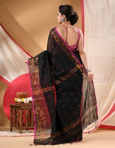 Sari Tradicional de Algodón Negro Tejido a Mano para Mujer KV con Diseño Pintado a Mano, para Fiestas, Sin Arrugas y Reversible, Blusa Sin Coser - Product Image 2