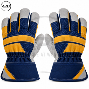 Gants de travail bleu marine et moutarde avec paume incurvée en tissu à motif profilé, doigts en daim gris et manchette longue - Product Image 4