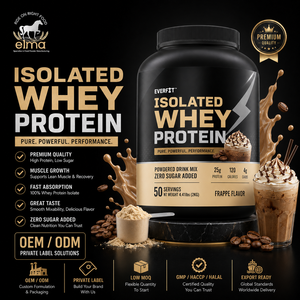 Poudre d'isolat de protéines de lactosérum sans sucre ajouté Elma Food, haute teneur en protéines, faible teneur en glucides, marque privée WPI 1 kg, 25 g de protéines pour la musculation - Product Image 1