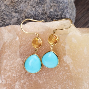 Nouvelle Arrivée Boucles d'Oreilles Pendantes Classiques pour Femme en Or Jaune Massif 18 carats avec Pierres Précieuses Turquoise et Citrine, Faites à la Main, Bijoux de Mariage, Cadeau de Fête - Product Image 5