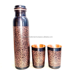 <b>Copper</b> <b>Bottle</b> With Engraving Black And Polish Finished Indian Hand Made Health Benefits Pure <b>Copper</b> <b>Drinking</b> Water <b>Bottle</b> - Product Image 1