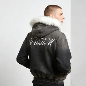 Sudadera con capucha extragrande negra con efecto tie-dye y cremallera, con ribete de piel sintética blanca, estampado personalizado, para hombre, estilo casual urbano, cálida para invierno - Product Image 4