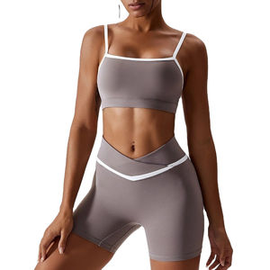 Women's Solid <b>Navy</b> Blue 2-Piece Sports <b>Set</b> Square Neck Crop Top High Waisted Shorts Breathable 100% Cotton Knitted Fitness Wear - Product Image 2