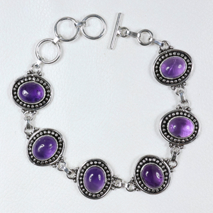 Wholesale Vintage Style <b>Amethyst</b> Gemstone Oval Link <b>Bracelet</b> 925 Sterling Silver Plated Toggle Clasp Handcrafted Boho Jewelry - Product Image 6