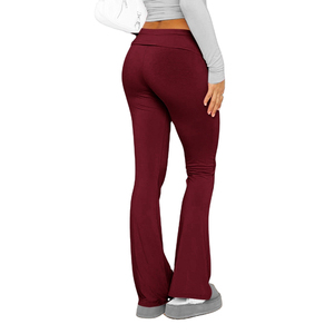 Leggings de yoga taille haute à jambe évasée, longueur intégrale, couleur bordeaux unie, en Spandex Nylon, sans couture, extensibles dans les quatre sens, avec taille élastique - Product Image 3