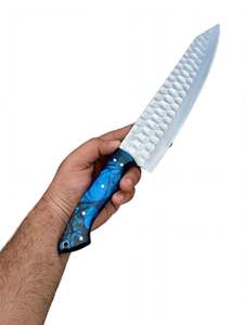 Couteau de chef artisanal en acier inoxydable avec manche en résine bleue, outil de préparation culinaire - Product Image 4