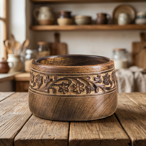 Bols de service en bois sculptés à la main, gaufrés, écologiques et durables, avec bordure décorative, pour hôtels et restaurants, bols à salade personnalisables - Product Image 1