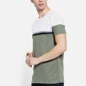 เสื้อยืดคอกลมแขนสั้นผู้ชาย ผ้าฝ้าย ตัดต่อสีเขียวขาว แต่งขอบด้วยผ้าถักเนื้อเจอร์ซีย์ ทรงปกติ สวมใส่สบายๆ - Product Image 5