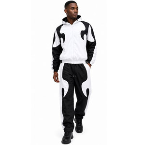 Survêtement à capuche pour homme, noir et blanc, avec blocs de couleur, manches longues, fermeture éclair sur le devant, coupe-vent, coupe régulière - Product Image 2