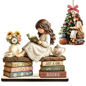 Figura Decorativa de Madera de Acacia Hecha a Mano por Aqdus Saleem, Ecológica, Duradera, Minimalista, Niña Leyendo Libros - Escultura Decorativa al por Mayor - Product Image 1