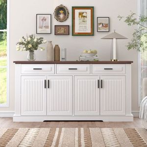 Credenza Bianca Scanalata 63 Pollici con 4 Ante e 3 Cassetti, Mobile Bar per Caffè, Consolle per Cucina e Sala da Pranzo - Product Image 2