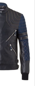 Blouson moto en cuir véritable beige pour homme, col rabattu, fermeture éclair, coupe ajustée, manches classiques, couleur unie, automne - Product Image 3