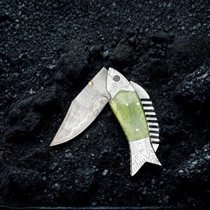 Personalized Hand Forged <b>Copper</b> Damascus Steel EDC Multi-Functional Hunting Camping Folding Pocket Knife Thumb <b>Knob</b> Green Resin - Product Image 3