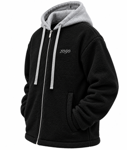 Unisex Color Block <b>Sherpa</b> Fleece Waterproof Eco-Friendly Zip-Up <b>Hoodie</b> Grey Contrast Hood Drawstrings Embroidered Logo Winter - Product Image 2