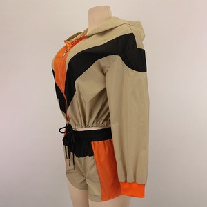 Color Block Polyester Windbreaker Tracksuit Patchwork Zip Up Jacket and Shorts <b>Set</b> - Product Image 2