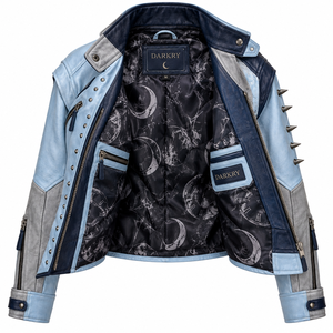 Chaqueta de cuero azul claro para mujer, estilo gótico, con estampado de enfermera, con tachuelas, cremallera asimétrica, cuello alto, oferta de fabricante a medida - Product Image 5