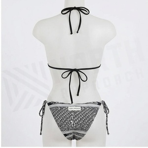 Conjunto de bikini de 2 piezas con estampado geométrico para mujer, cuello halter, parte inferior con lazo lateral, traje de baño elástico - Product Image 2