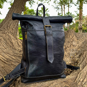 Waxed Finish Leather <b>Roll</b> Top <b>Backpack</b> Water Repellent Rucksack For Adventure Travel Vintage Style Bag LRTB-0147 - Product Image 1